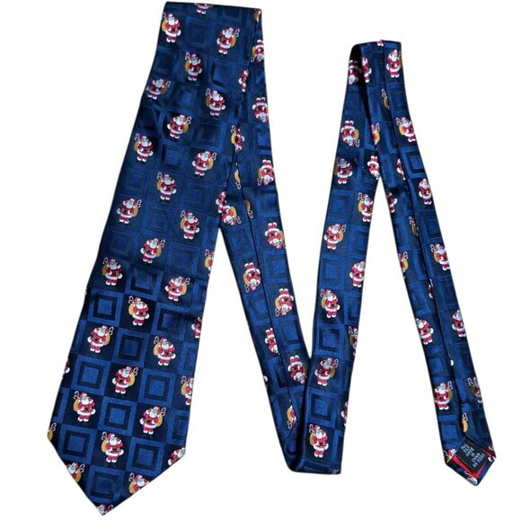 Vintage Santa Claus Silk Neck Tie Navy Blue Toy Sack Candy Cane Squares Hallmark - Picture 7 of 7